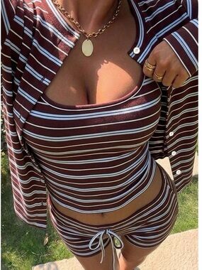Brown & White Striped Long Sleeve cardigan, tank & shorts set